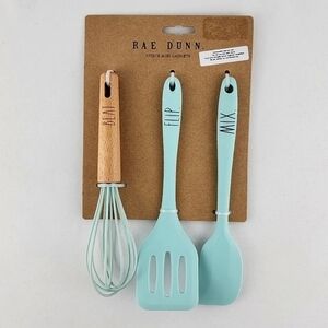 Rae Dunn Silicone Wood  3 Piece Blue Set Spatula Whisk Flipper BEAT. FLIP. MIX.